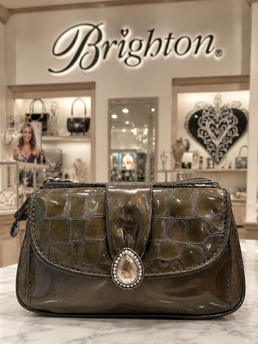 Brighton Olive Patent Leather Croc-Embossed Purse Swarovski Crystal Teardrop EUC